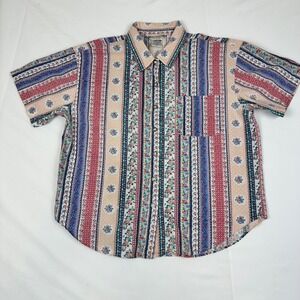 Vintage Cherokee Womens PL Floral Stripe Short Sleeve Button Down Cotton Shirt